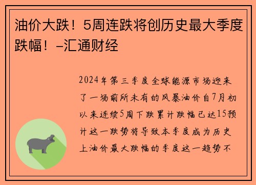 油价大跌！5周连跌将创历史最大季度跌幅！-汇通财经